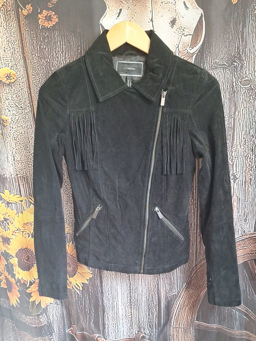 le chateau Women's Black Suede Fringe Moto Jacket